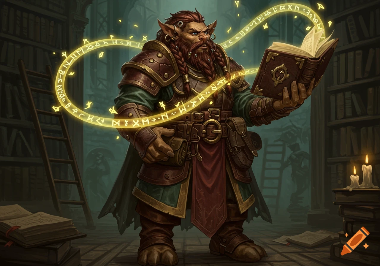 A fantasy bugbear wizard with braided hair and leather armor reads a glowing spellbook in a dimly lit library.