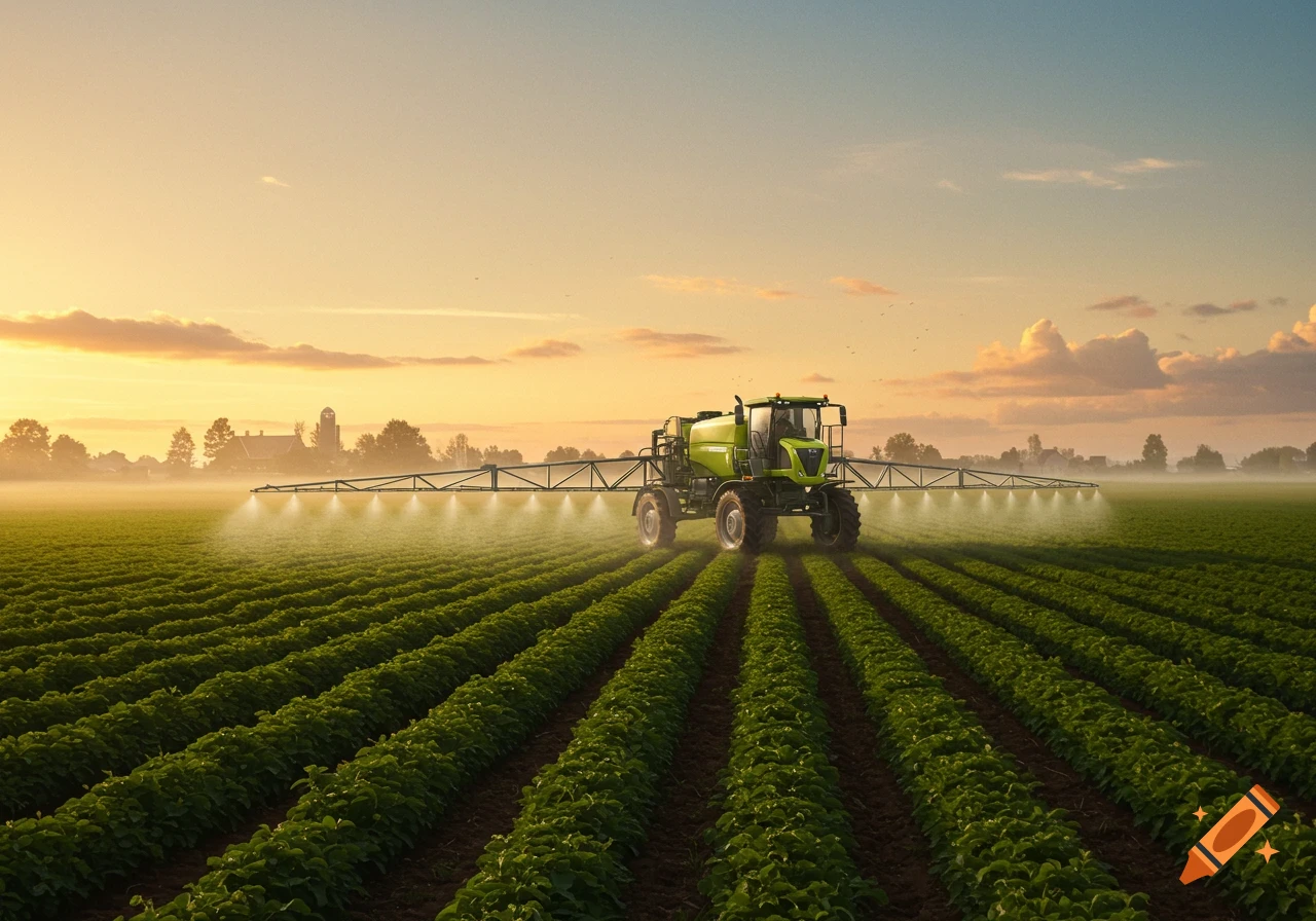 A self-propelled sprayer works in a vast green field at sunset, with mist coming from its extended booms.