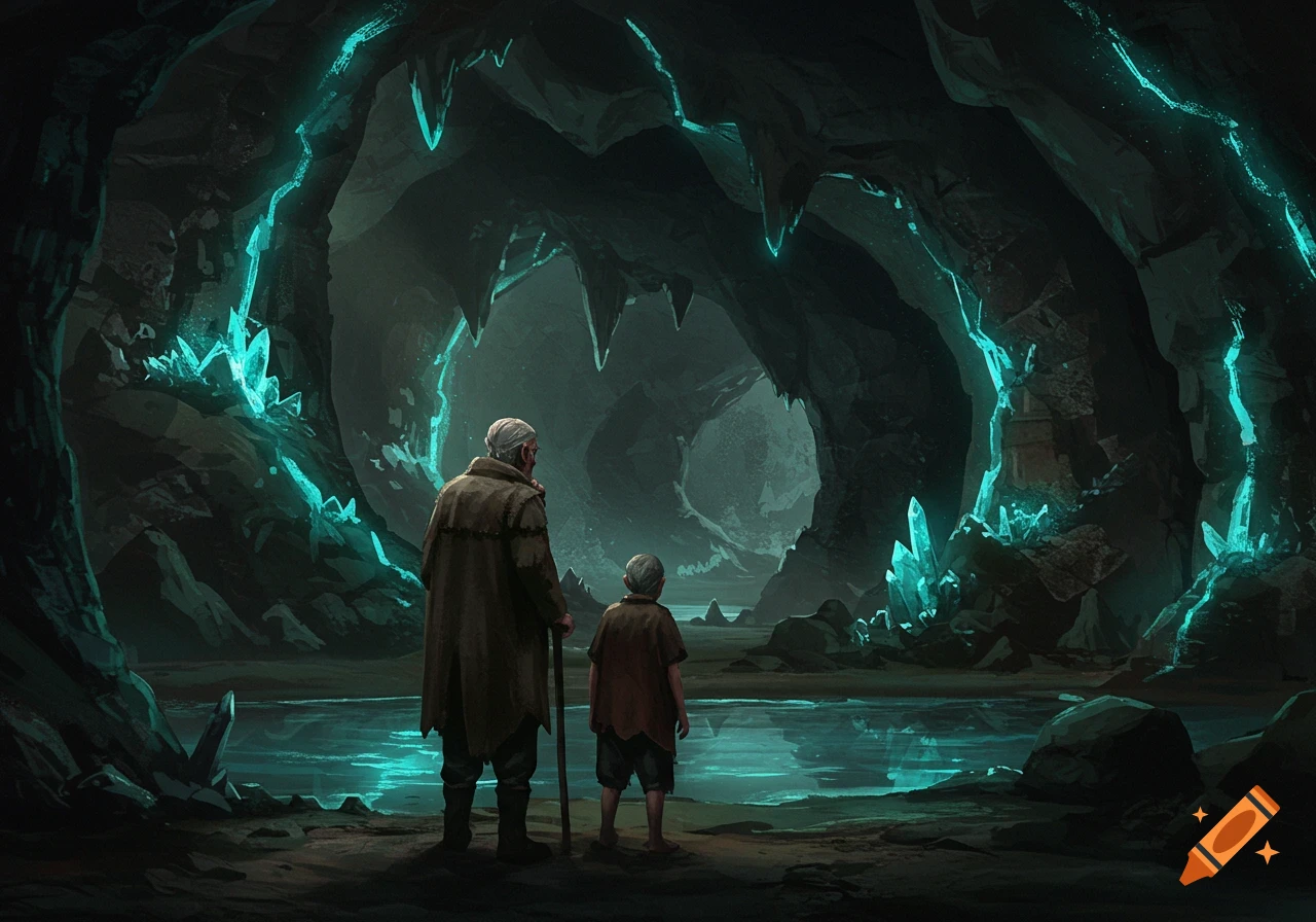 An older man and a child look into a dark cave filled with glowing blue-green crystals and a reflective pool. Digital painting.