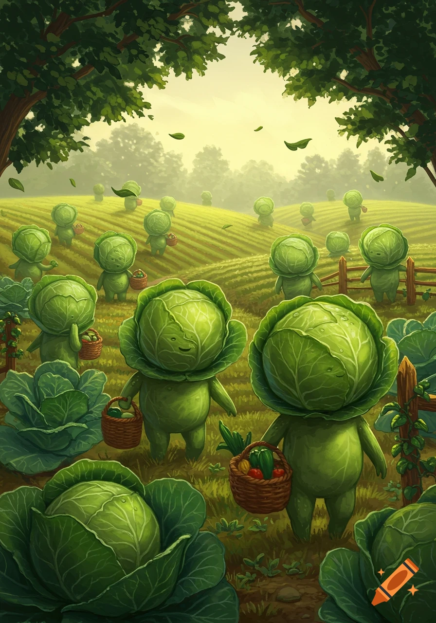 Whimsical illustration of anthropomorphic cabbage creatures harvesting vegetables in a vibrant green field.