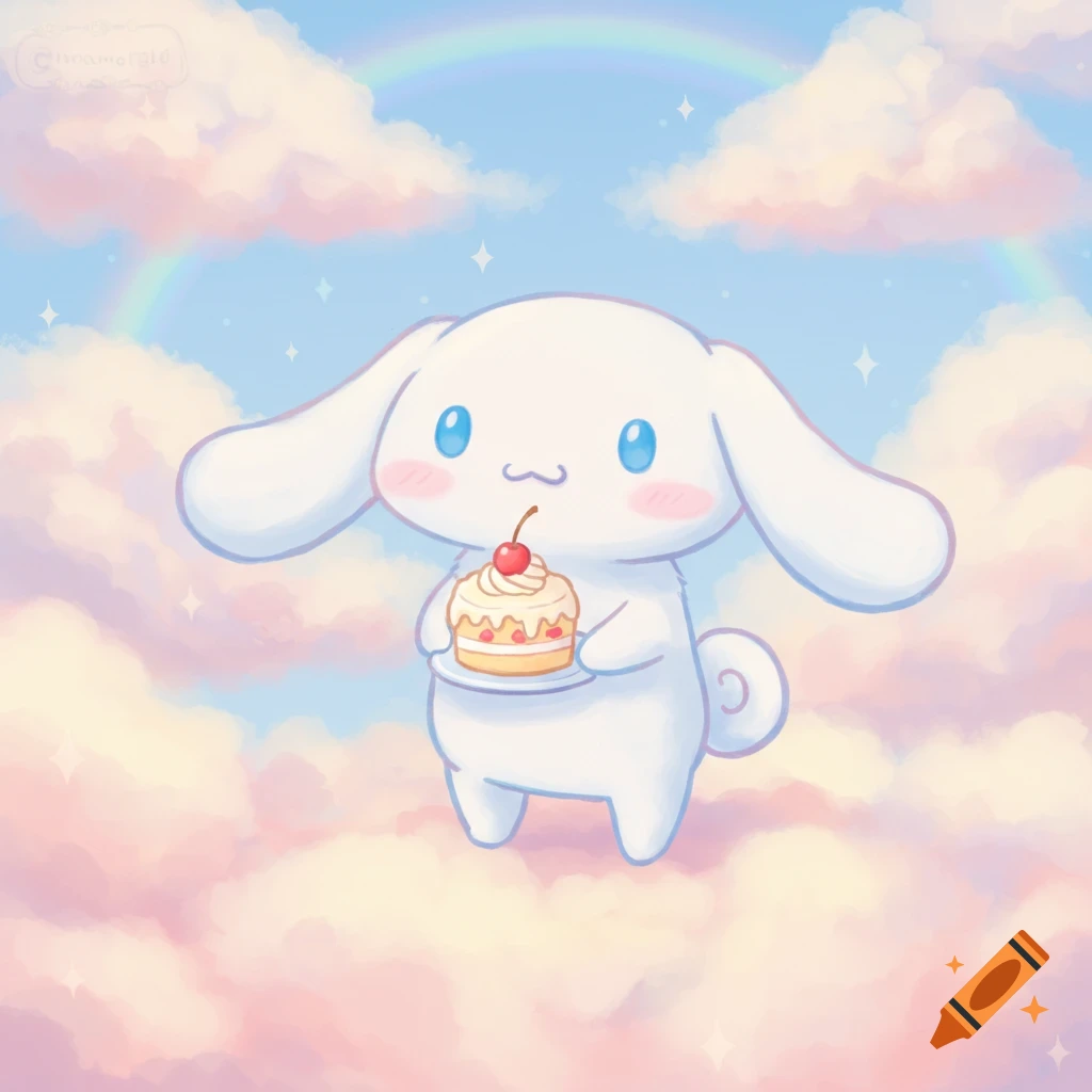 Cinnamoroll, a white cartoon dog, floats on pink and white clouds, holding a small cake. A rainbow arches in the blue sky.