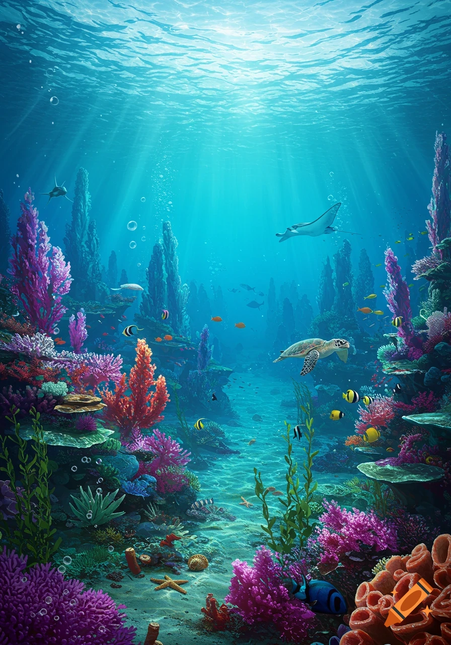 Vibrant underwater scene with colorful coral reefs, a sea turtle, a manta ray, and various fish in clear blue water.