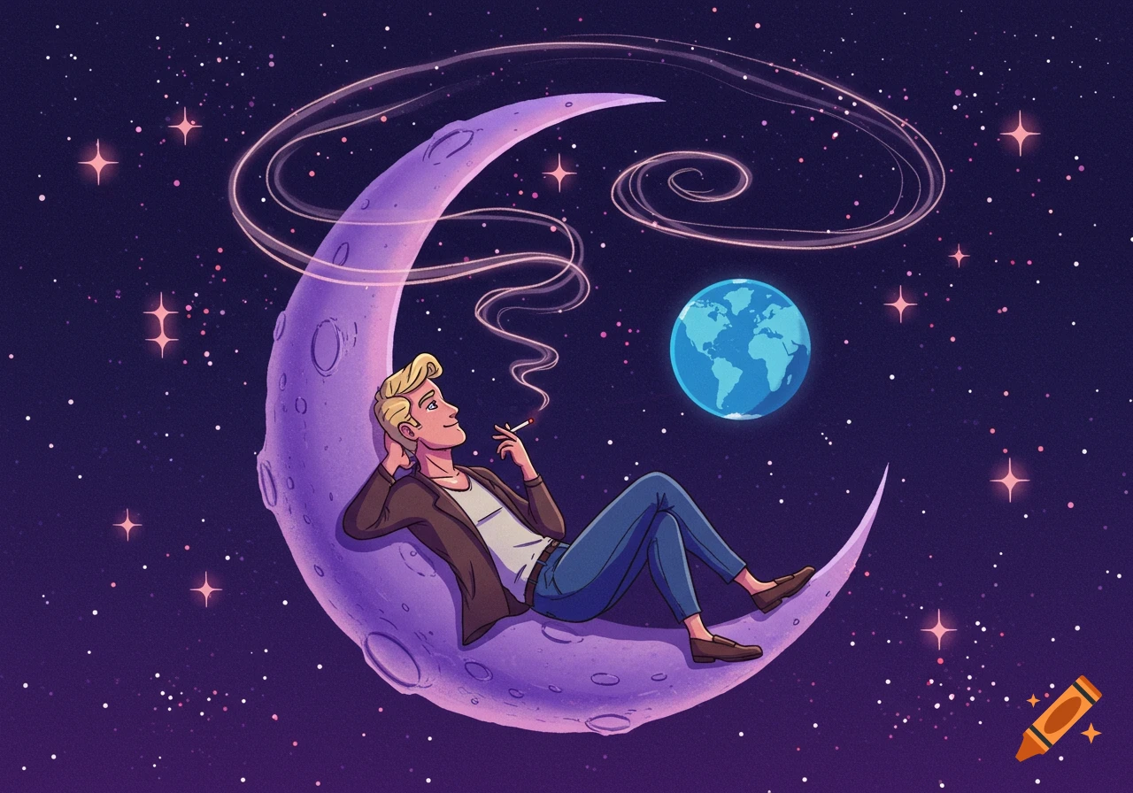A cartoon blonde man sits on a purple crescent moon, smoking a cigarette, looking at a blue Earth in a starry night sky.