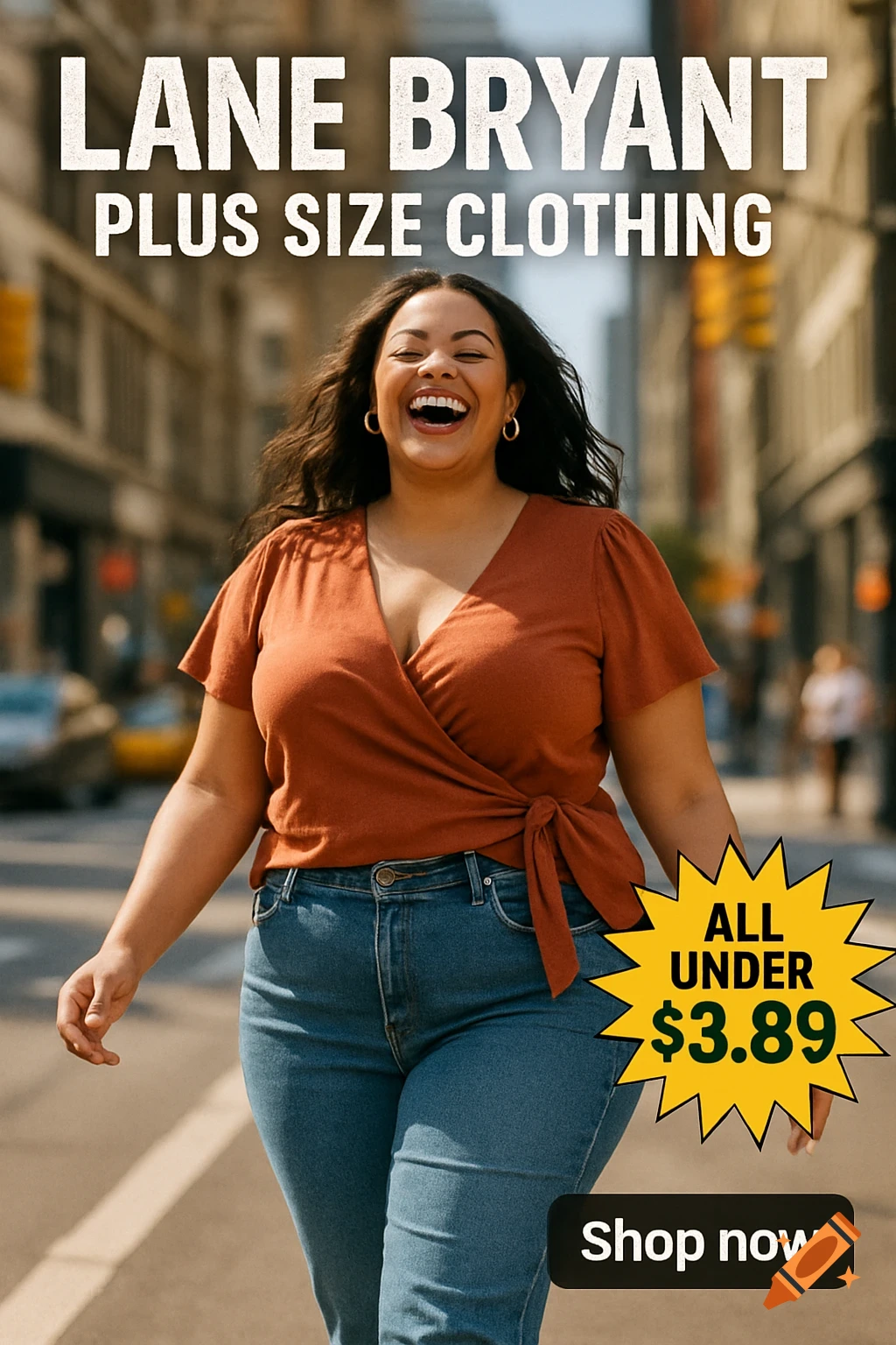 An energetic plus-size woman in a rust wrap top and jeans laughs on a sunny city street. Overlays: 'LANE BRYANT', 'ALL UNDER $3.89', 'Shop now'.