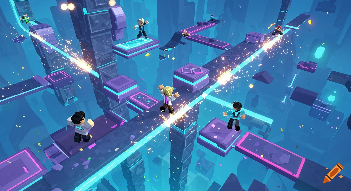 Stylized 3D video game scene with blocky avatars running and jumping on glowing blue and purple platforms in a futuristic tower.