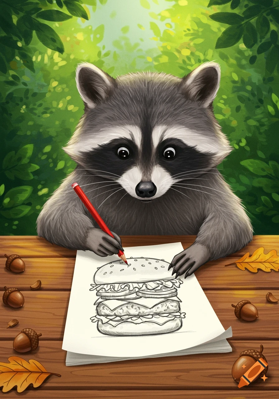 An illustrated raccoon sitting at a wooden table in a forest, drawing a large burger on paper with a red pencil.