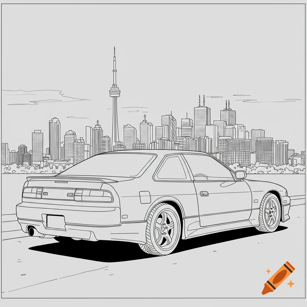 A line art drawing of a 96 Nissan 240SX coupe with the Toronto skyline in the background, in a coloring book style.