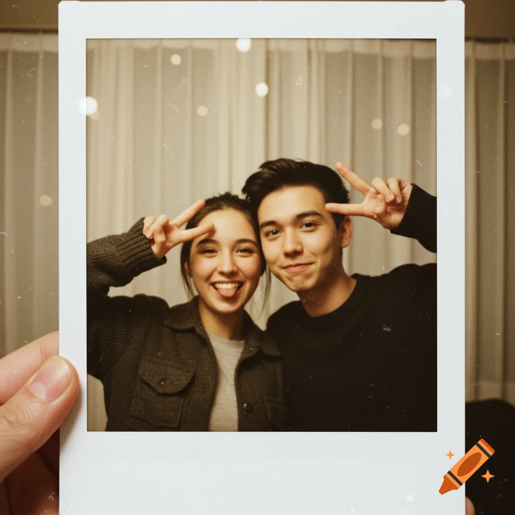 Two young people posing playfully in a polaroid photo with a vintage filter.