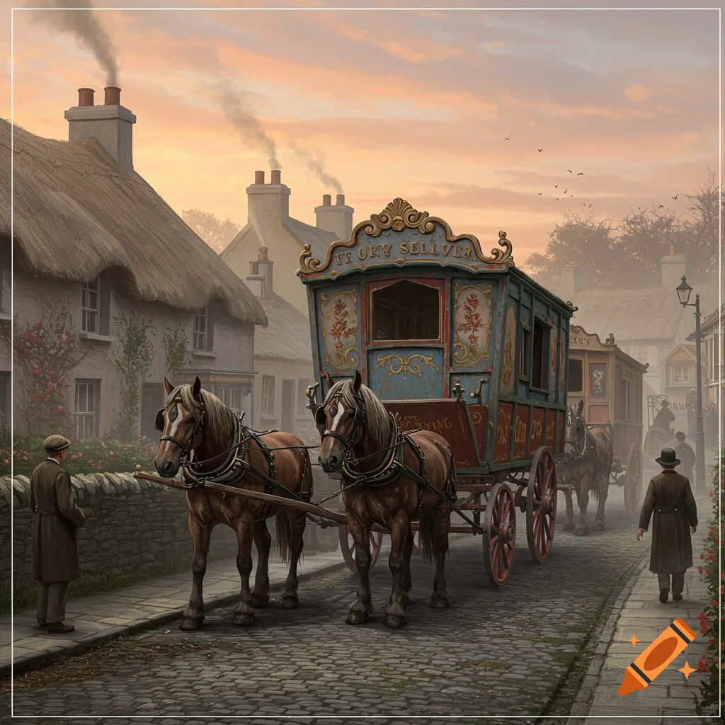 A historical scene shows two horses pulling a colorful showman's wagon down a cobblestone street in a sleepy Irish village at dusk.