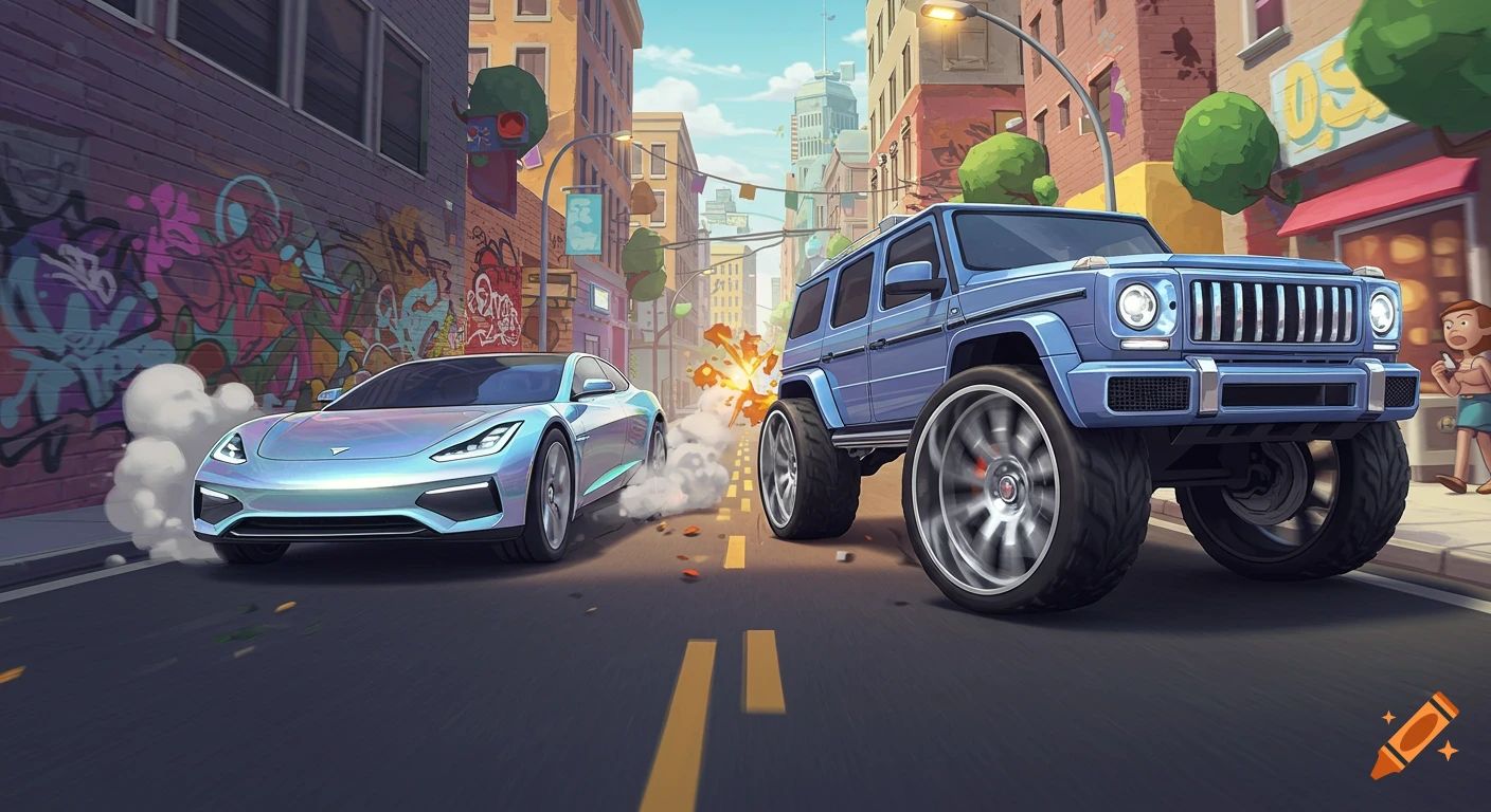 A cartoon street scene with a shiny electric sedan and a large blue SUV with big wheels, with an explosion between them.