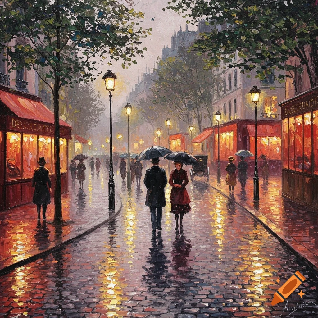 Impressionistic painting of couples walking with umbrellas down a rainy Parisian street at dusk, storefronts glowing.