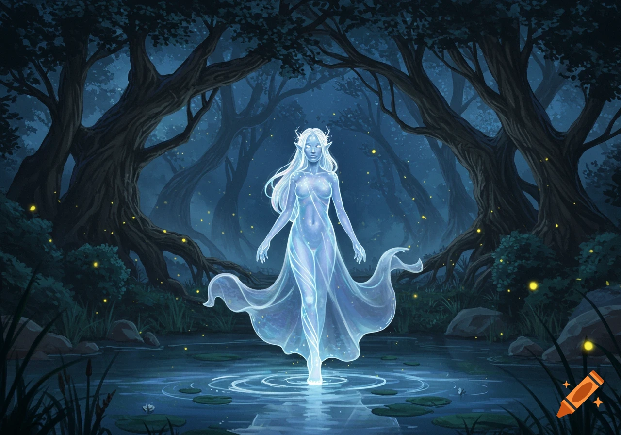 Ethereal glowing woman with antlers stands in a moonlit forest pond amidst gnarled trees and fireflies, digital painting.