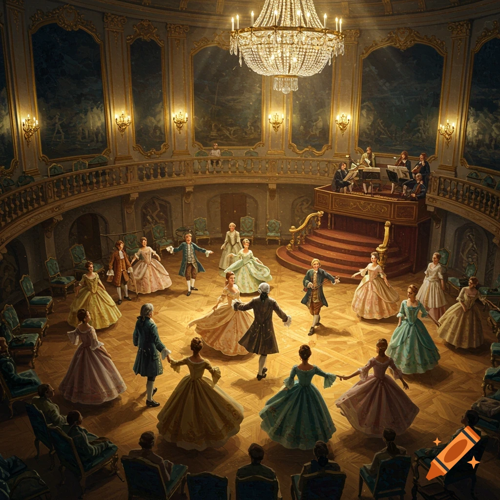 A grand baroque ballroom where elegantly dressed men and women dance. Musicians play on a balcony under a large chandelier.