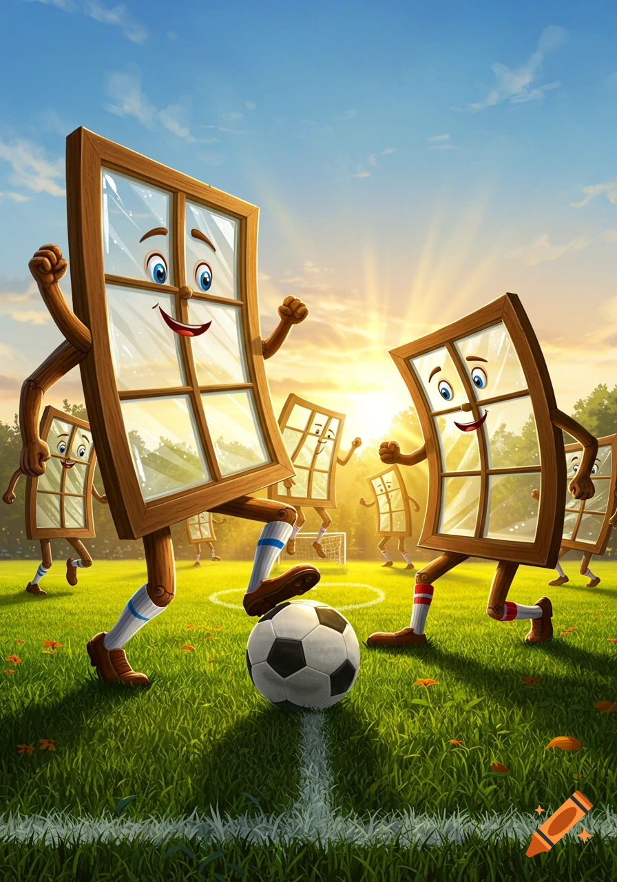 Cartoon windows with faces and limbs play soccer on a grassy field under a sunny sky.