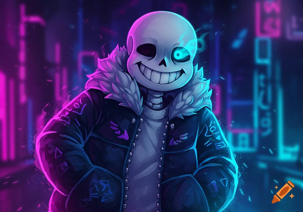 Anime style illustration of Sans from Undertale, a grinning skeleton with a glowing blue eye, wearing a jacket with a fur collar, set against a neon city background.