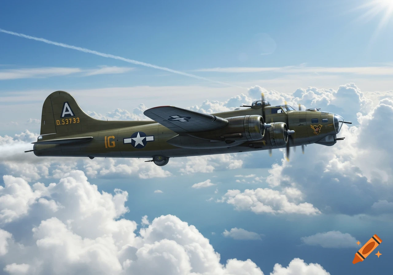 An olive green American B-17 bomber plane with US Air Force insignia flying through a cloudy blue sky, viewed from the side, photorealistic.