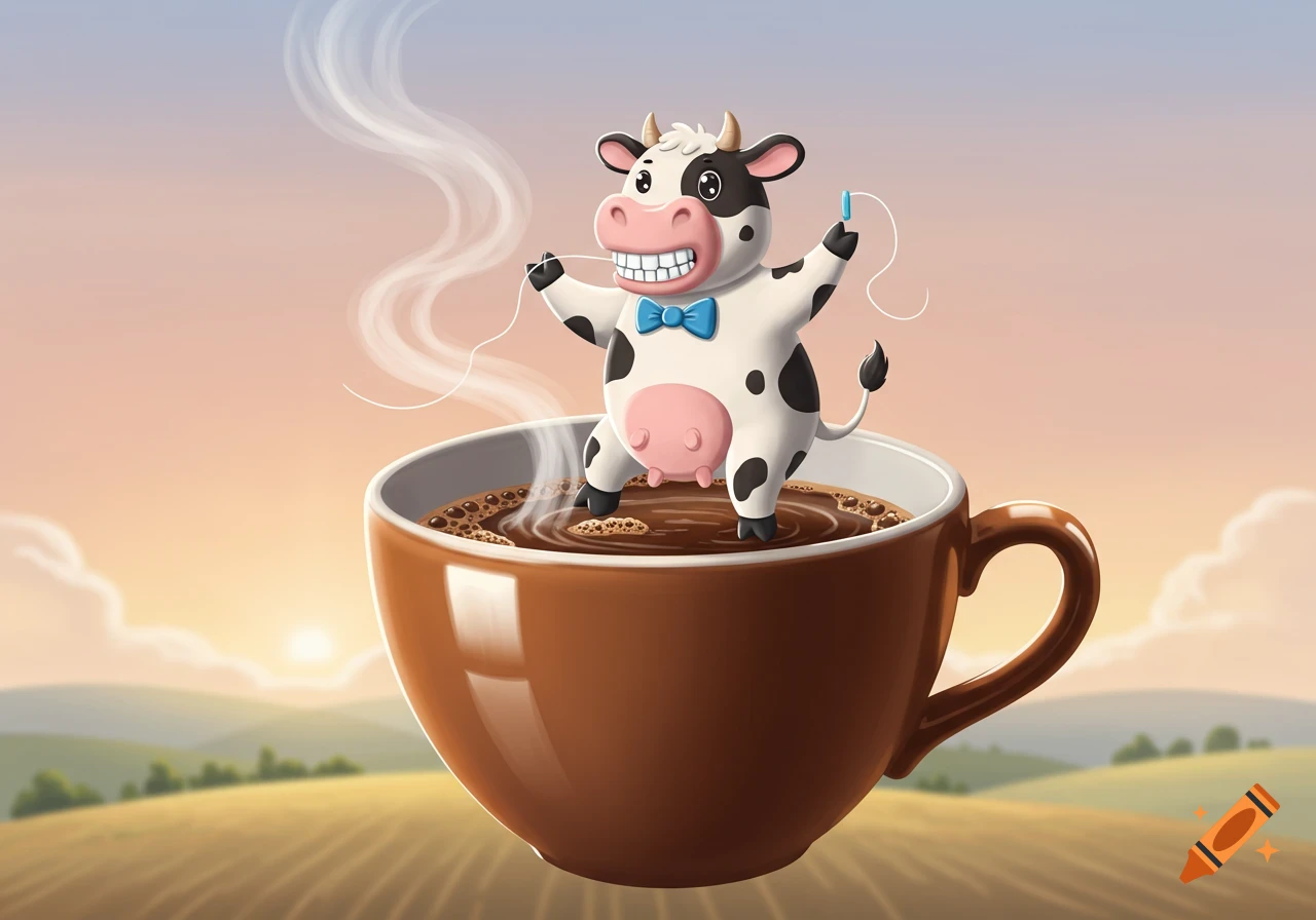 A happy cartoon cow with a blue bow tie flossing its teeth while standing in a steaming cup of coffee in a field.