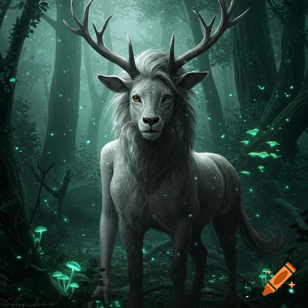 A fantasy creature with a deer head, lion's mane, and human arm stands in a dark, magical forest with glowing mushrooms.