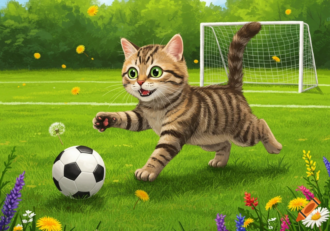 A smiling cartoon tabby cat with green eyes plays soccer on a green field with a goal in the background.