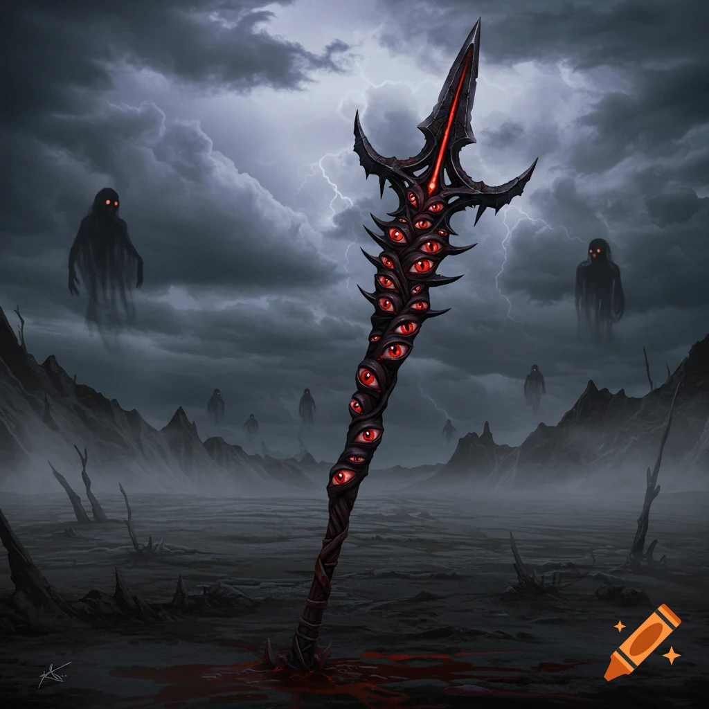 A menacing, eye-covered black spear stands in a blood pool on a desolate landscape under a stormy, lightning-filled sky with ghostly figures.