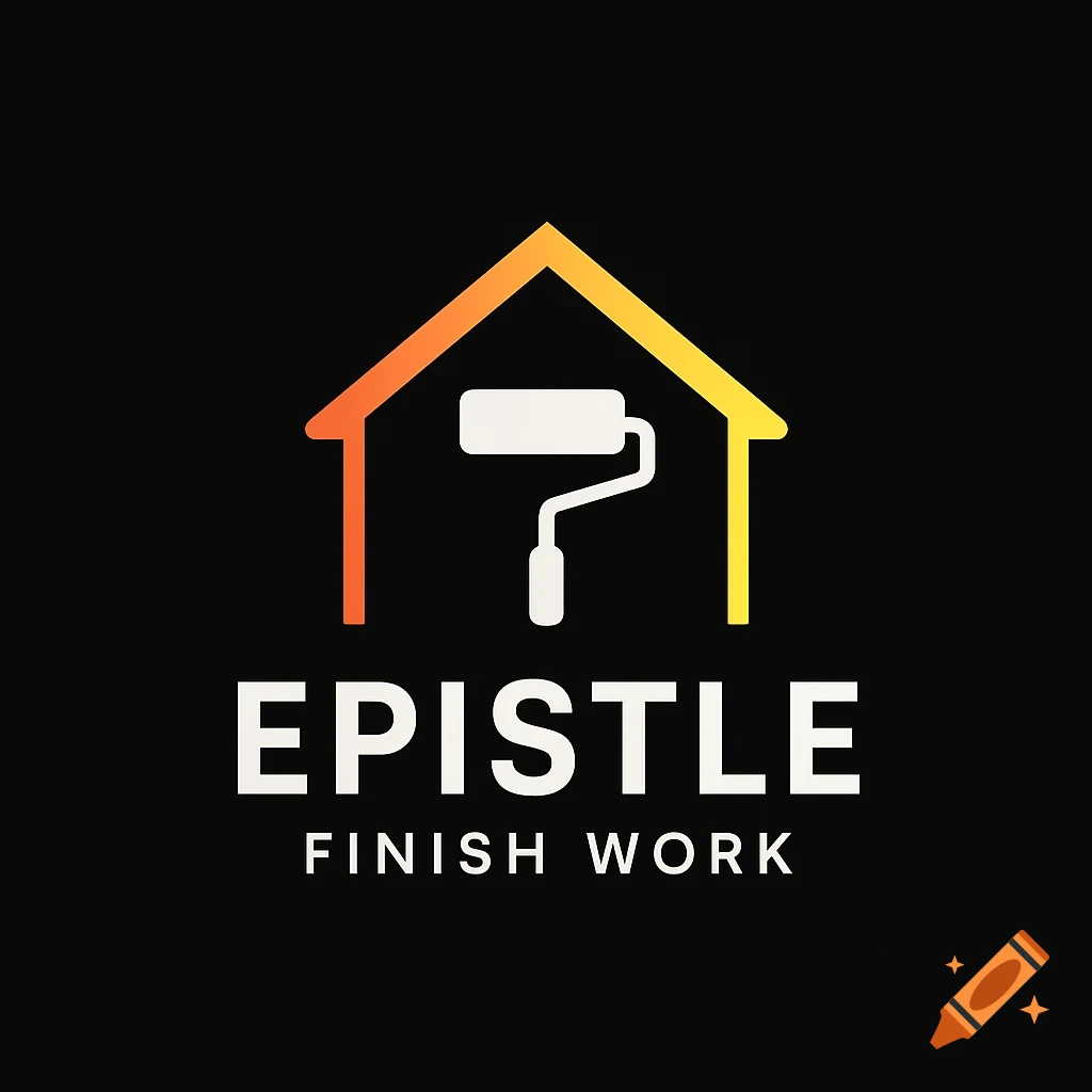 Minimalist logo featuring an orange-yellow house silhouette with a white paint roller inside, text 'EPISTLE' and 'FINISH WORK' below on a black background.