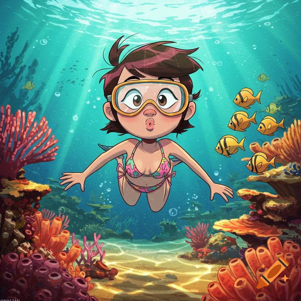 A cartoon girl with goggles and a bikini making a fish face while swimming underwater with coral and tropical fish.