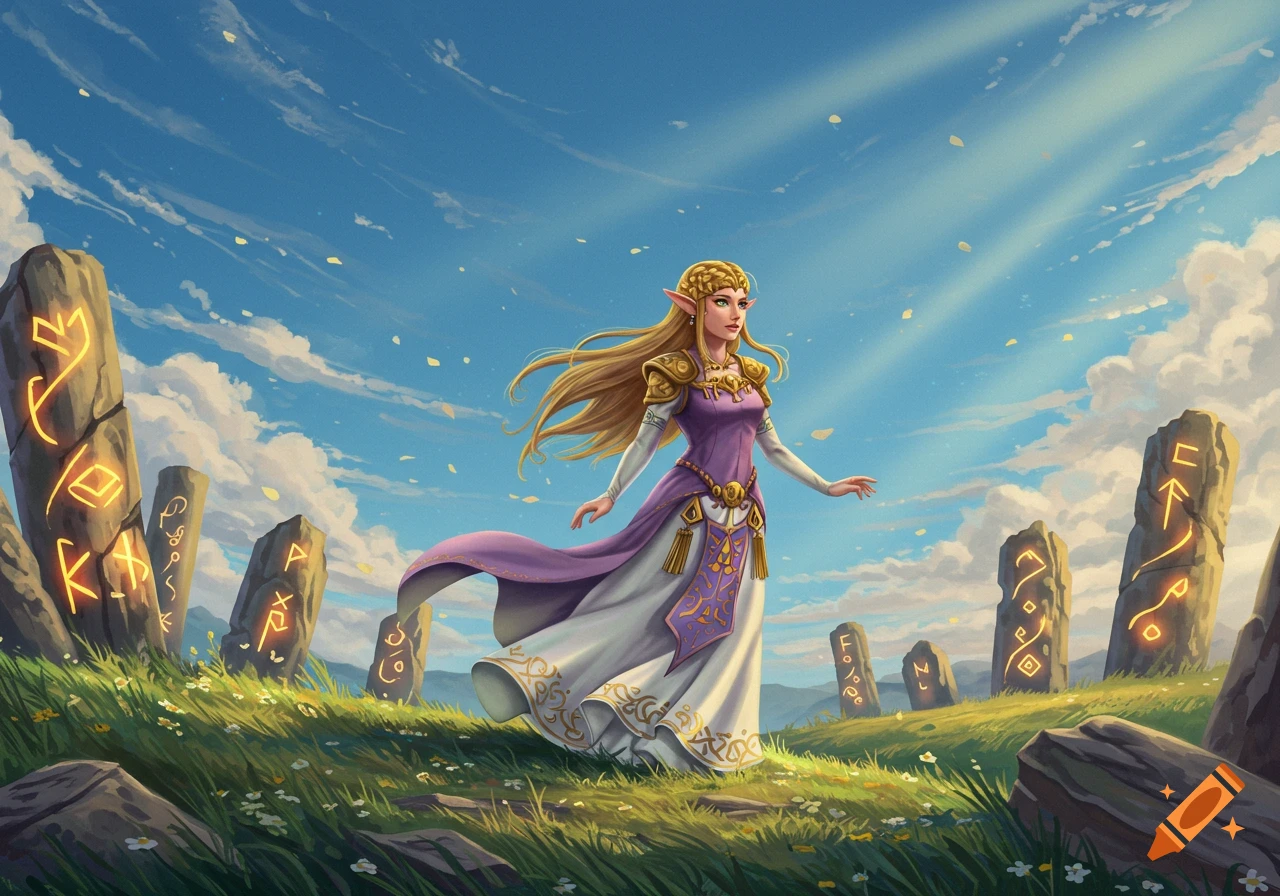 Princess Zelda stands in a sunlit grassy field surrounded by glowing runic stones under a clear sky, in a fantasy art style.