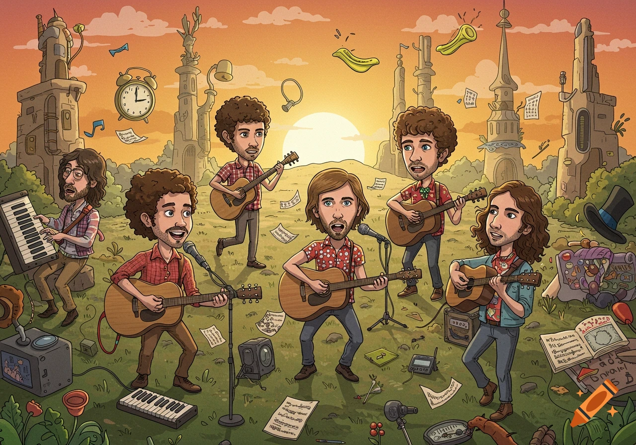 Cartoon illustration of a whimsical band with six members playing instruments like guitar, keyboard, and singing outdoors at sunset, surrounded by surreal buildings and floating musical notes.