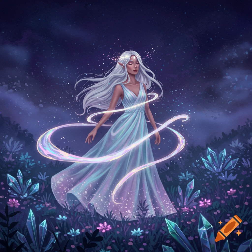 Ethereal elf with white hair in a flowing gown, surrounded by glowing ribbons and crystals in a magical night garden, digital art.