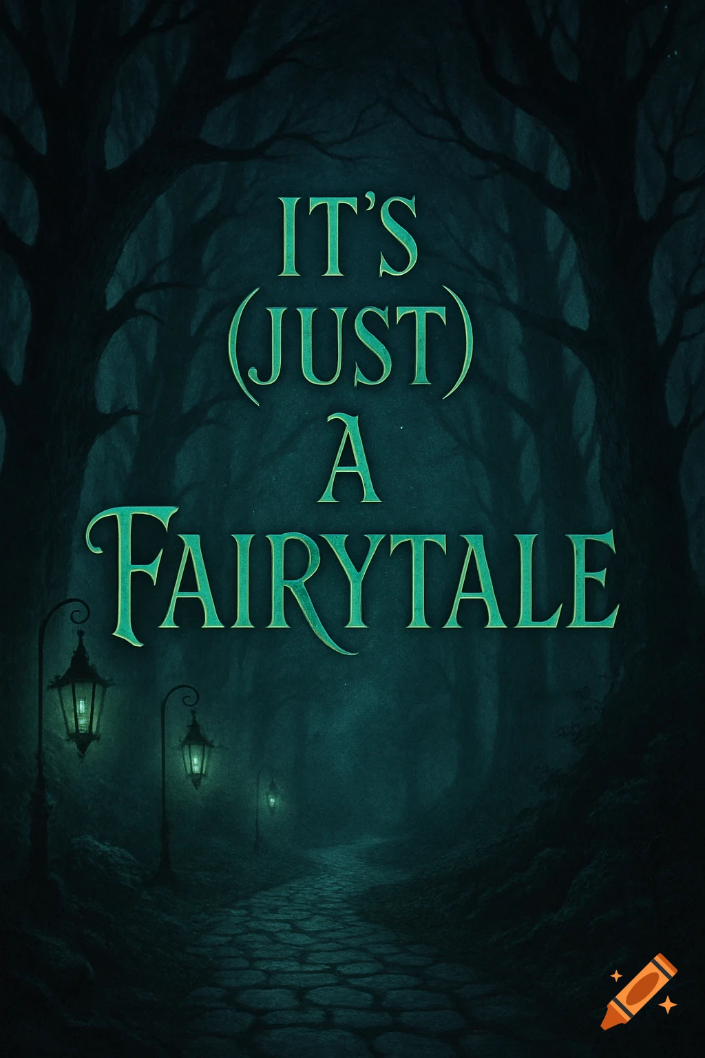 The text 'IT'S (JUST) A FAIRYTALE' over a dark, misty forest path with glowing lanterns.