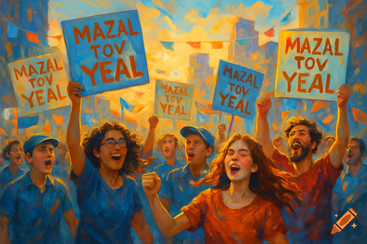 Painterly crowd of excited youth holding signs reading 'Mazal Tov Yeal' at an outdoor event.
