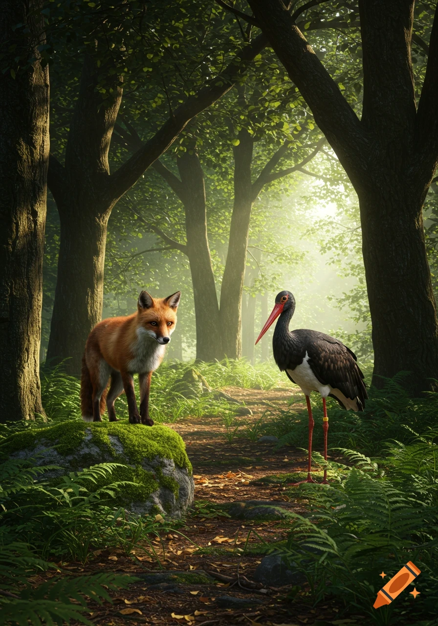 A photorealistic red fox and a black stork in a sunlit forest with lush greenery.
