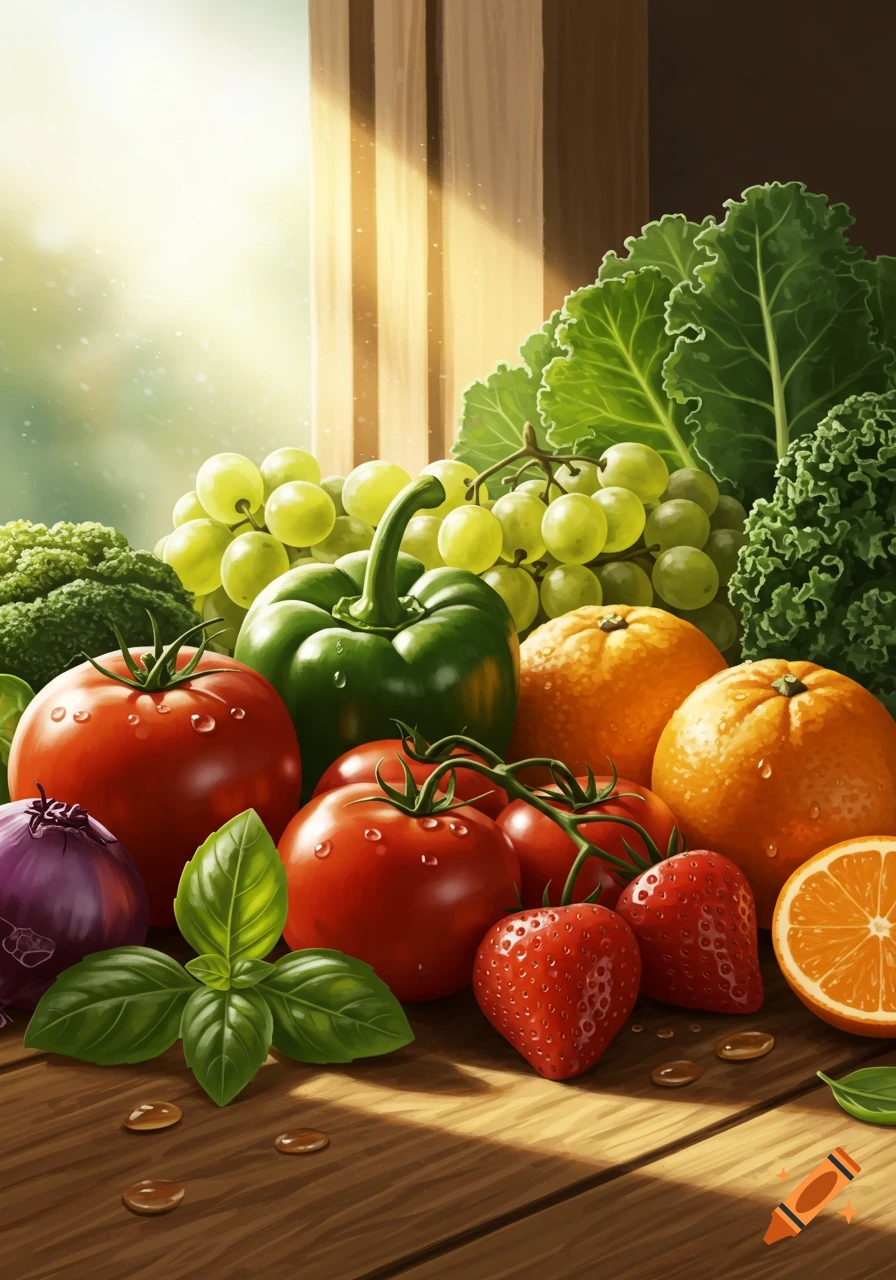 A vibrant still life of fresh fruits and vegetables, including tomatoes, bell pepper, grapes, oranges, strawberries, and leafy greens on a wooden table by a sunny window.