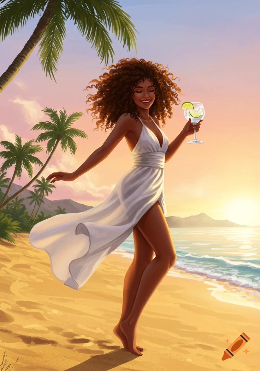 Illustration of a smiling woman with curly hair in a white dress walking on a tropical beach at sunset, holding a cocktail.