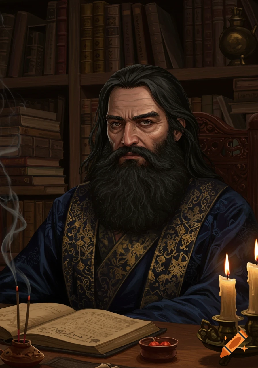 An old man with a long black beard and hair, wearing an ornate blue robe, sits at a desk with books, candles, and incense.