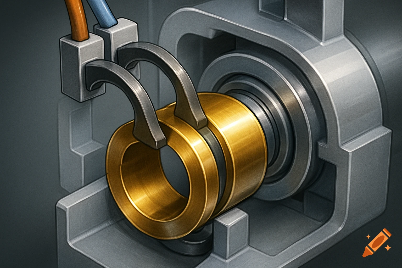 Close-up illustration of a slip ring's inner workings, showing gray brushes making contact with a golden ring, connected by orange and blue wires.