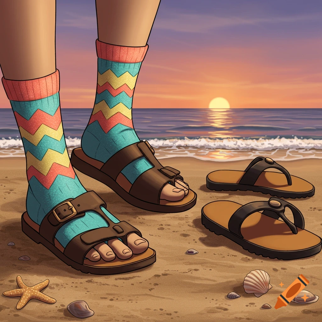 An illustration of feet wearing colorful socks and sandals on a sandy beach at sunset, with flip-flops nearby.