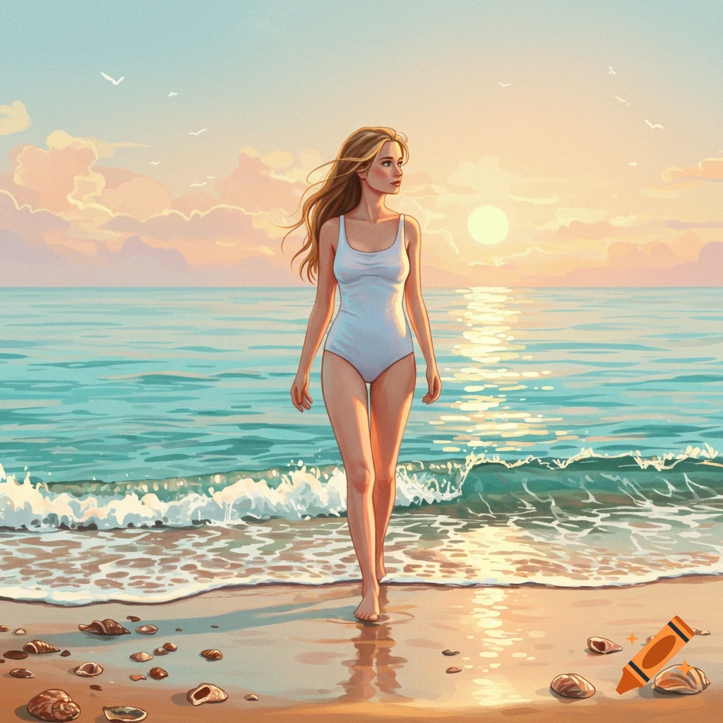 Illustrated woman in a white swimsuit walks barefoot on a sandy beach at sunset, with ocean waves and seashells.