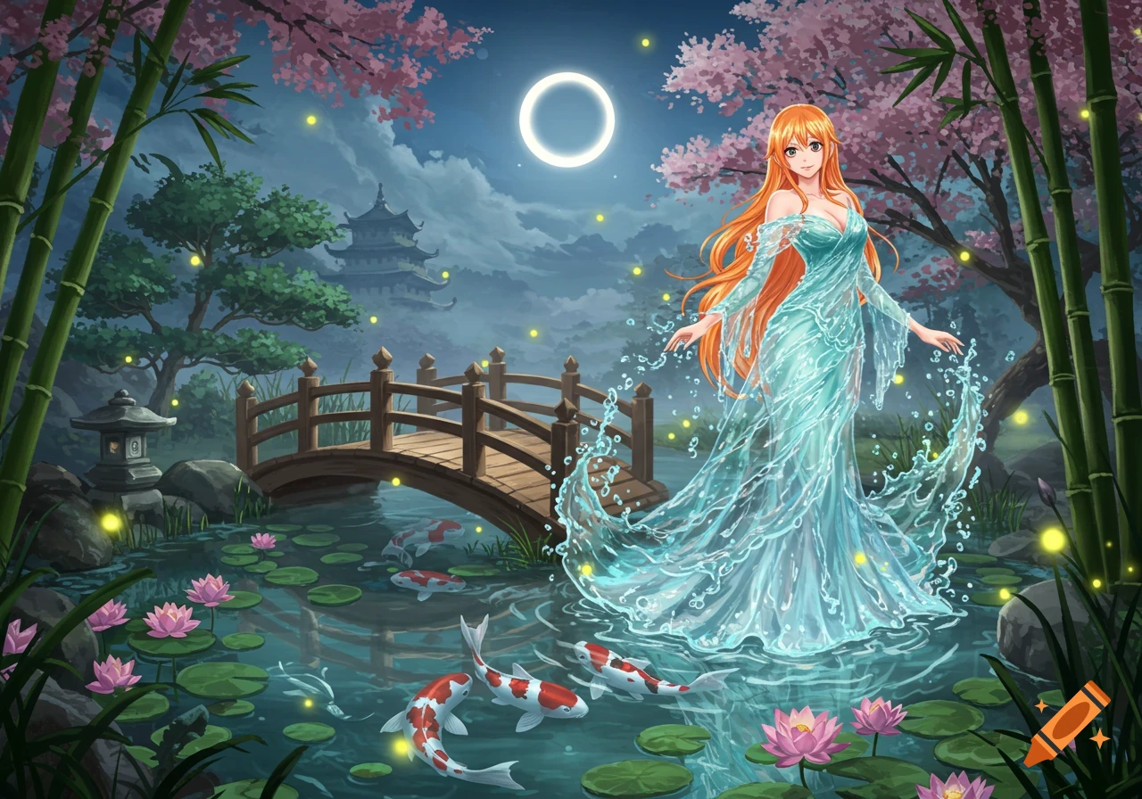 Anime illustration of Nami in a flowing water dress in a moonlit Japanese garden with a bridge, koi, blossoms, and bamboo.