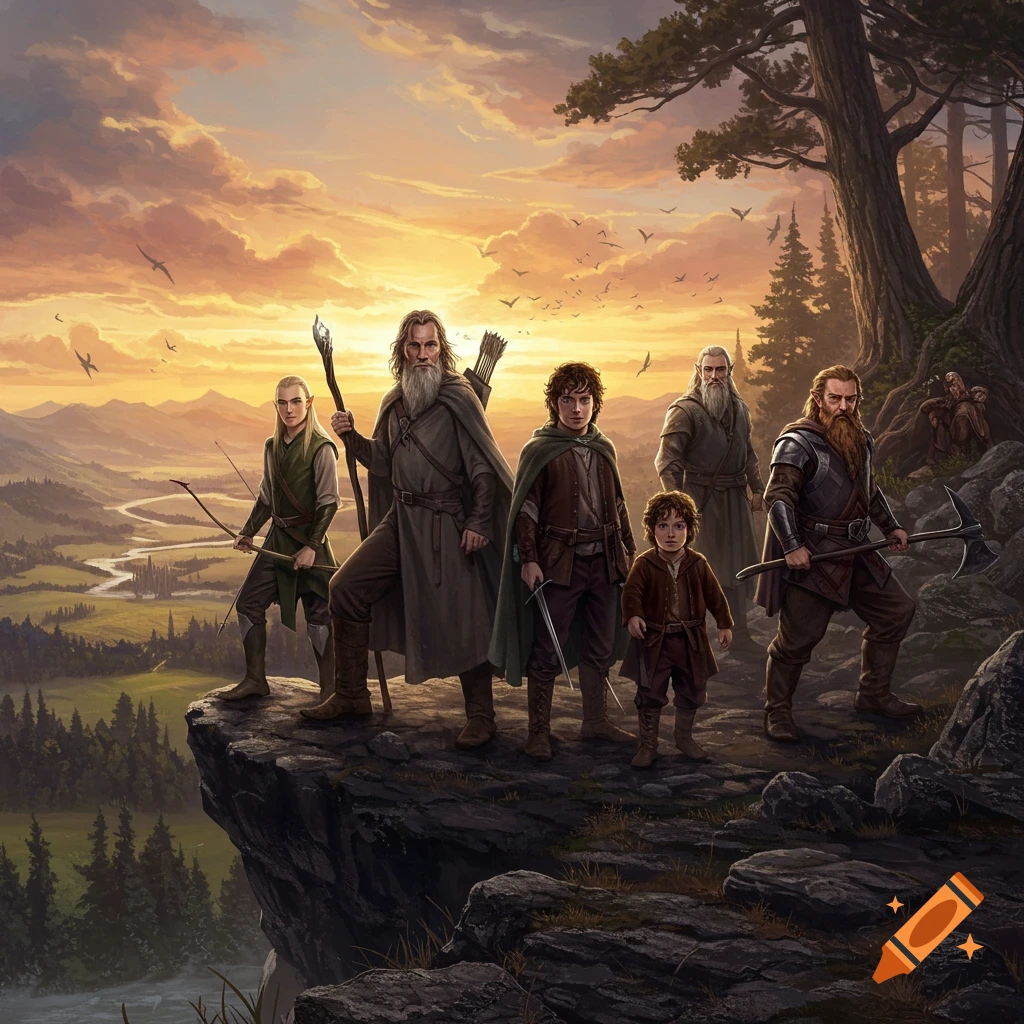 Six fantasy figures, like the Lord of the Rings fellowship, stand on a cliff overlooking a valley at sunset, epic art style.