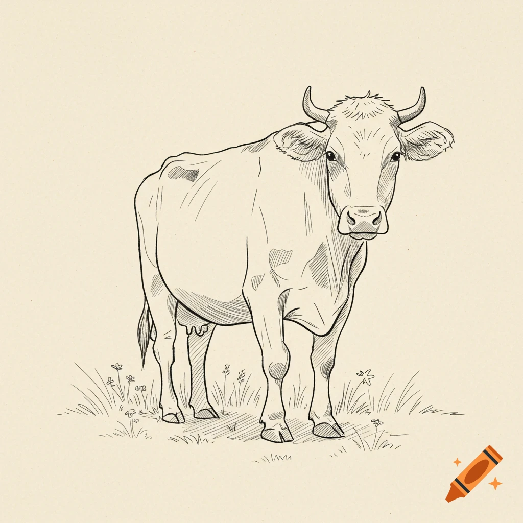 Simple black and white line drawing of a cow standing in grass on a light background.