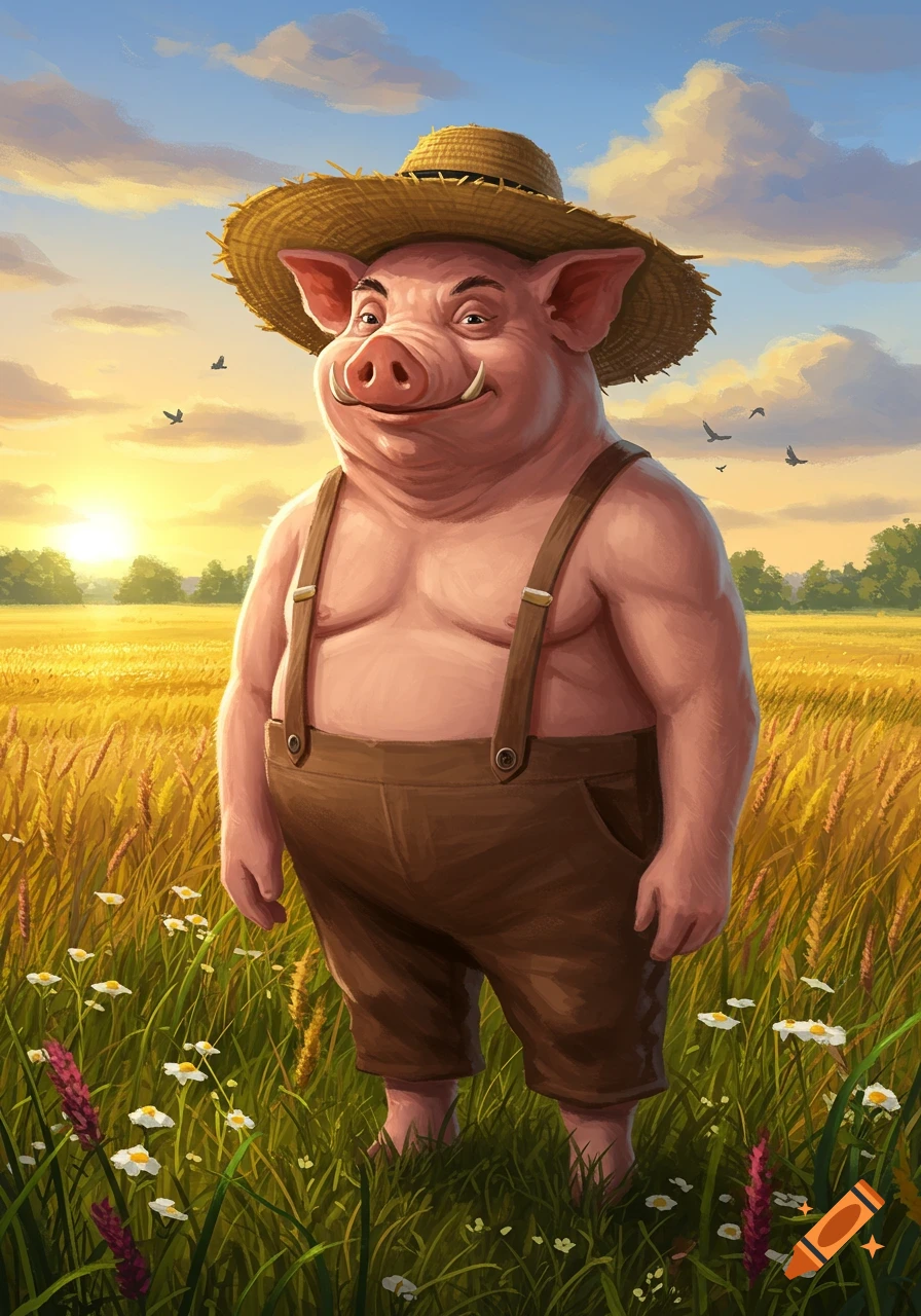 An anthropomorphic pig wearing a straw hat and overalls stands in a sunny wheat field at sunset, in an illustration.