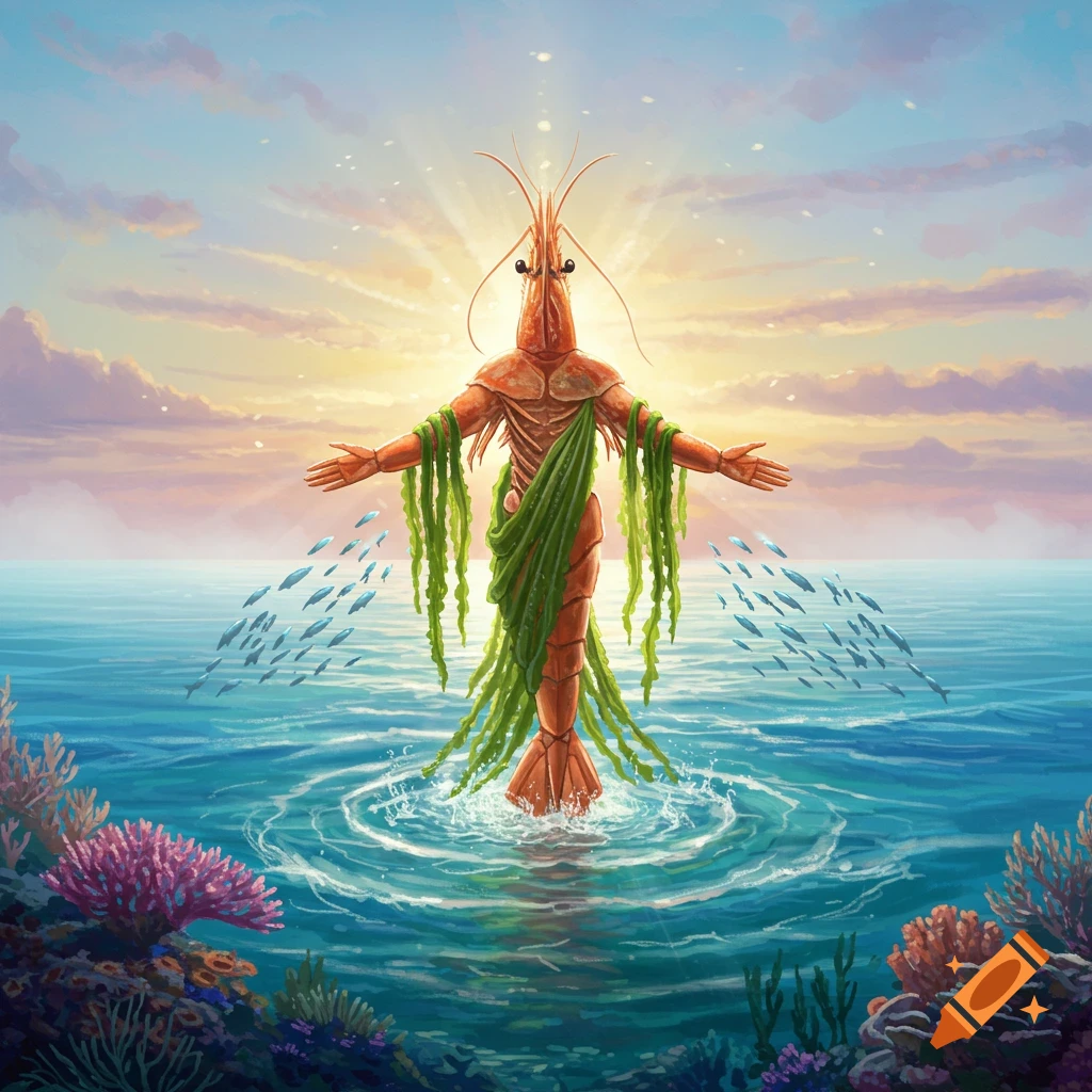 A mythical shrimp-humanoid figure with outstretched arms rises from a vibrant ocean at sunrise, surrounded by small fish and coral reefs.