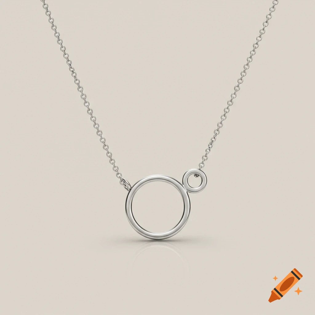 A minimalist silver necklace featuring a large circle pendant with a smaller circle attached to its upper end, against a light beige background.