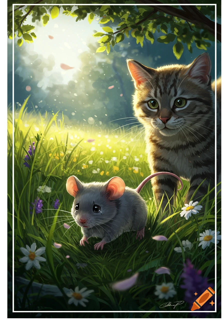 An illustration of a sad mouse in a grassy field, with a cat looming behind it under sunlit trees.
