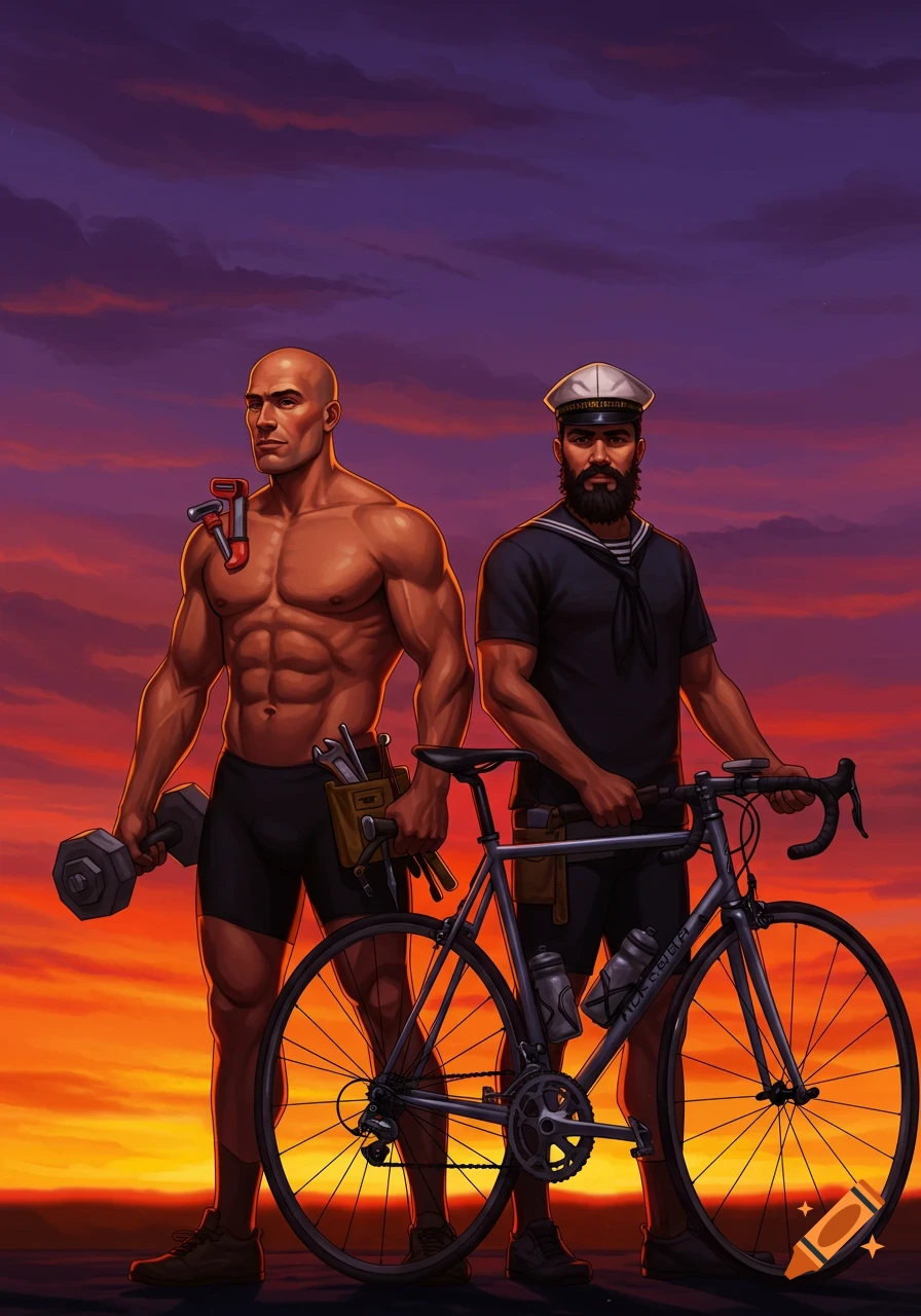 A bald, muscular man with a dumbbell and tools stands next to a bearded sailor with a bicycle against a vibrant sunset.