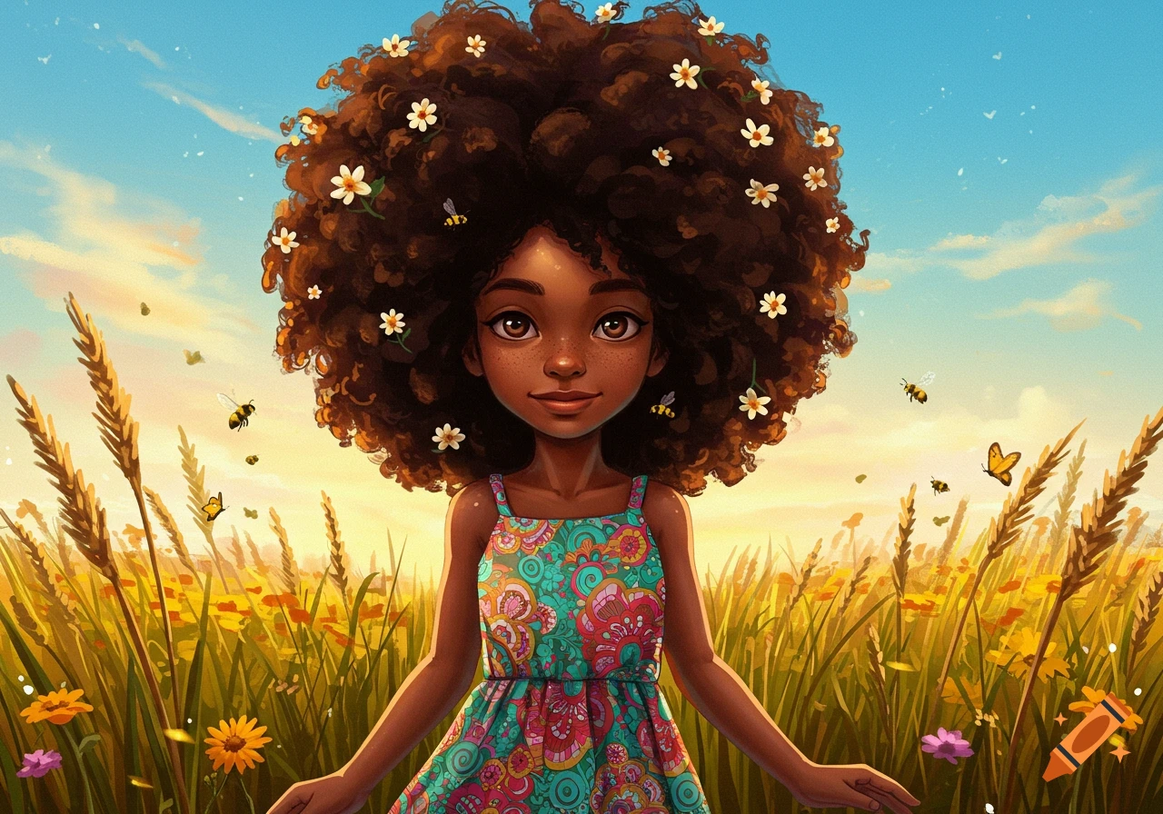 Digital illustration of a smiling young girl with a large afro, adorned with flowers and bees, standing in a sunny field of grass and wildflowers.