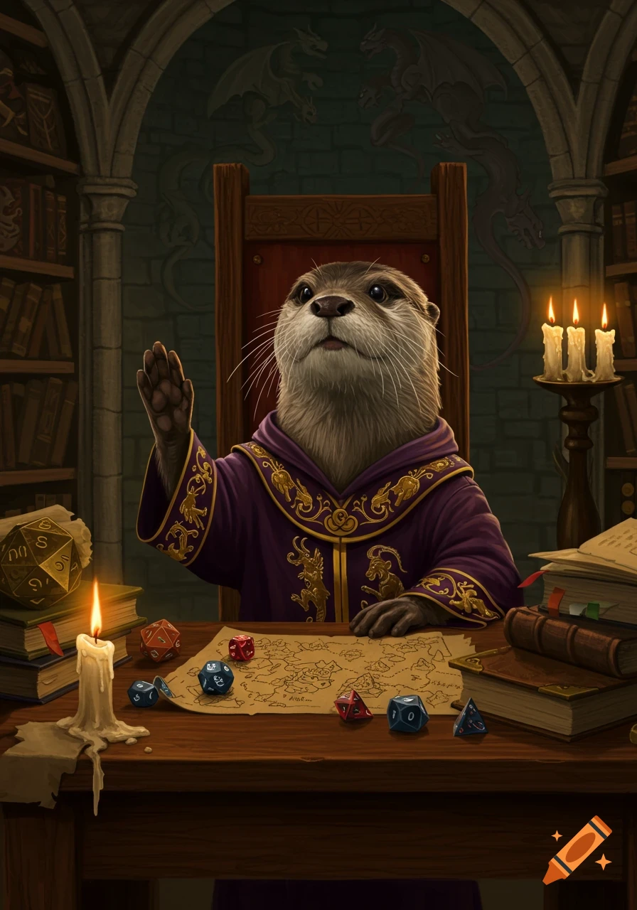 An otter Dungeon Master in a purple wizard robe sits at a table with D&D dice, a map, and candles in a fantasy library.