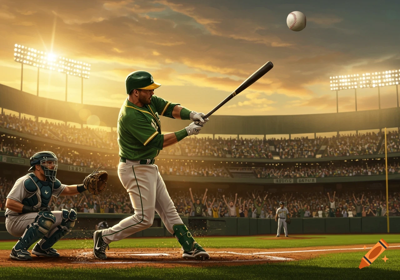 Photorealistic image of a baseball player hitting a ball in a stadium at sunset, with a catcher ready behind him.