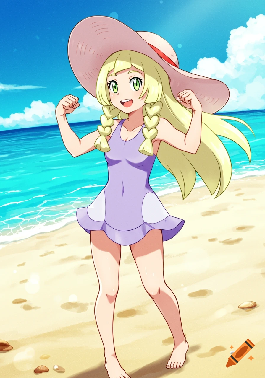 Anime drawing of Lillie from Pokémon, in a purple swimsuit and sun hat, flexing her biceps on a sunny beach.